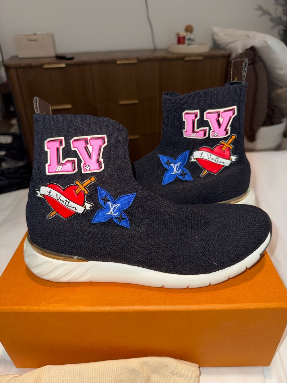 Louis Vuitton Black Knit Patch Sock Sneakers with Pink LV & Blue Floral